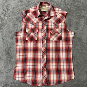 Wrangler Retro Sleeveless Red Plaid Pearl Snap Button Shirt L Rodeo Cowgirl Top